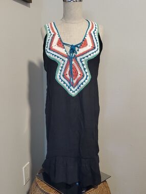 Black Midi Dress with Multicolor Crochet Yoke